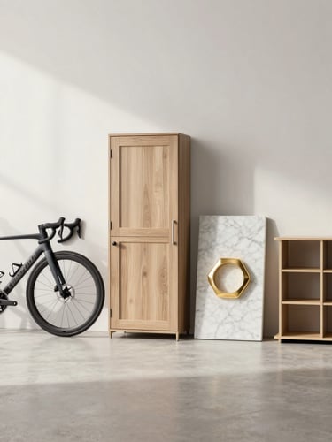 Wide panoramic studio shot of four premium product specimens arranged left to right — a road bicycle frame, a kitchen cabinet door with brushed hardware, a geometric gold ring on marble, and a modular shelf unit — clean high-key neutral background, soft north-facing daylight, overhead three-quarter framing showing material finishes
