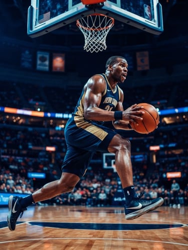 Low-angle heroic shot of an adult basketball player driving hard to the basket, dramatic high-contrast indoor stadium lighting, side-lit sweat, deep blue color grading.