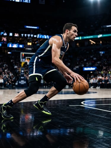 Dynamic low-angle action shot of a basketball player mid-dribble on a polished dark court, dramatic stadium side-lighting, sharp shadows, high contrast, 35mm lens.