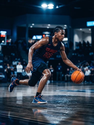 Dynamic low-angle shot of a young basketball player mid-dribble on an indoor court, dramatic stadium lighting, side-lit sweat, deep blue color grading.