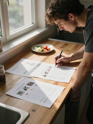 Wide shot from slightly above, team member leaning over a wooden kitchen counter reviewing printed shot sheets, natural north-facing window light raking across the paper, a small plate of ingredients resting beside the notes, warm parchment tones