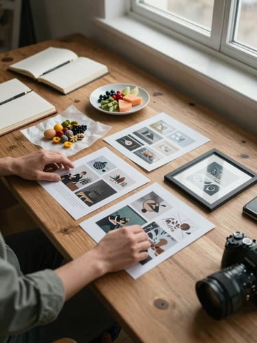Overhead wide shot of a wooden studio desk in natural north-facing window light, a team member's hands arranging printed content frames and a small plate of ingredients on parchment paper, notebooks and a camera visible at the edge of the frame, calm and unhurried workspace atmosphere