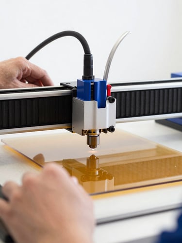 Hands operating a laser cutter on a piece of acrylic, focused light, clean studio environment, sharp textures, 50mm.