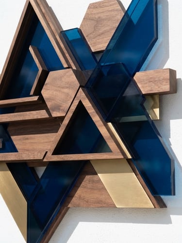 Close-up of a custom-milled wood and acrylic sign, sharp edges, bright natural Florida sunlight, geometric shadows, clean white backdrop, 50mm.