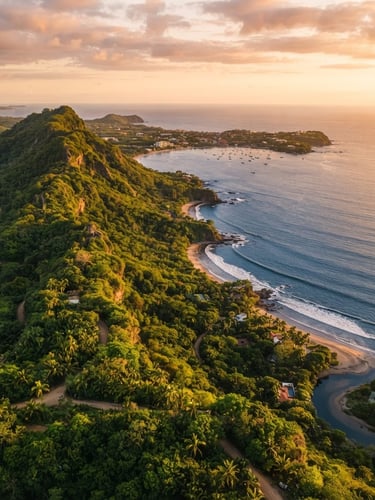 Wide environmental drone photograph of a lush green ridge overlooking the deep blue Pacific ocean at golden hour, Tamarindo, Costa Rica.