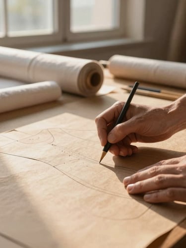 A close-up of hands drafting a custom garment pattern on heavy brown kraft paper, soft golden hour sunlight filtering through studio windows, rolls of linen fabric in the background.