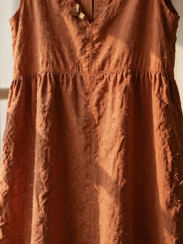 Close-up of a warm clay terracotta linen dress hanging on a wooden peg, soft golden hour light filtering through a window, highlighting the raw fiber weave and meticulous seam construction