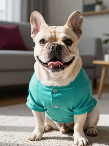 A happy French Bulldog wearing a vibrant teal handmade shirt, sitting in a sunlit modern living room, warm editorial pet photography, shallow depth of field, 35mm