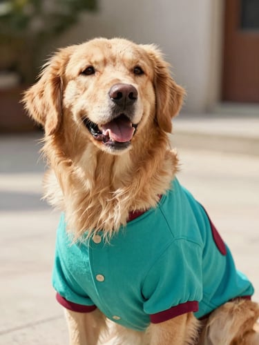 Warm editorial pet photography, a happy golden retriever wearing a colorful teal handmade shirt, bright natural daylight, shallow depth of field, 35mm