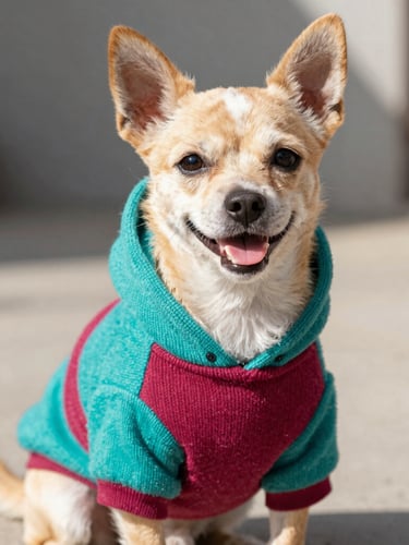 A happy small dog wearing a vibrant colorful knitted hoodie, sitting outdoors in bright natural daylight, eye-level shot, shallow depth of field, 35mm