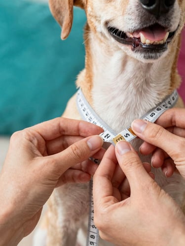 Plano detalle de manos delicadas midiendo el pecho de un perrito feliz con una cinta métrica suave, taller de costura luminoso con retazos de tela coloridos al fondo, fotografía editorial cálida, 35mm