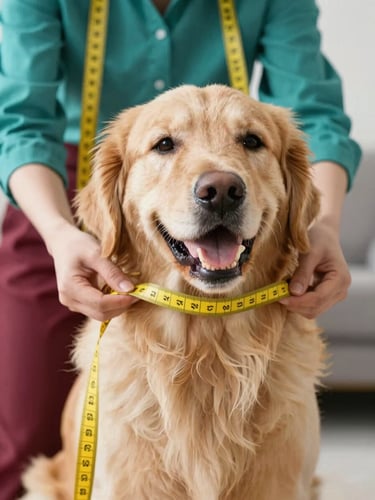 A happy golden retriever being gently measured with a soft yellow tape measure by a tailor, warm editorial pet photography, bright natural daylight, shallow depth of field, 35mm