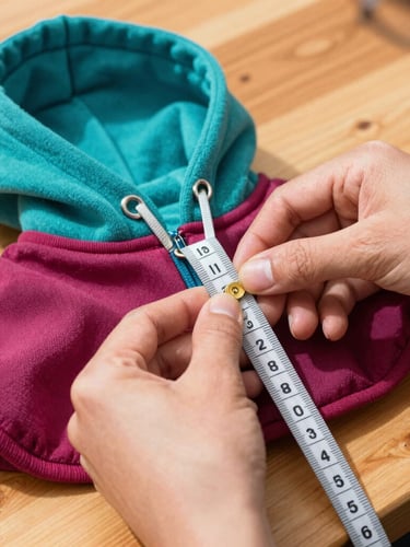 Hands of a Mexican artisan carefully measuring and sewing a vibrant berry colored pet hoodie on a wooden table, warm daylight, close-up details