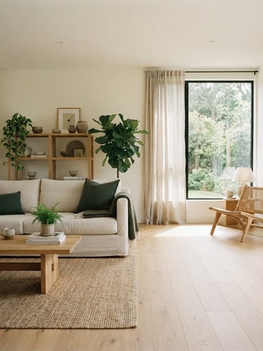 Japandi style living room with natural oak furniture, soft cream linen sofa, and subtle deep forest green accents, sunlight streaming through a large window, a sense of calm and spaciousness, wide shot with furniture to the left and empty space to the right for text, editorial lifestyle photography, soft diffused natural daylight, earthy forest tones, warm wood and stone textures, 35mm