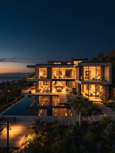 Architectural wide-angle shot of a modern luxury residential villa at golden hour, clean lines, deep navy sky, warm gold interior lighting glowing through large windows, 35mm