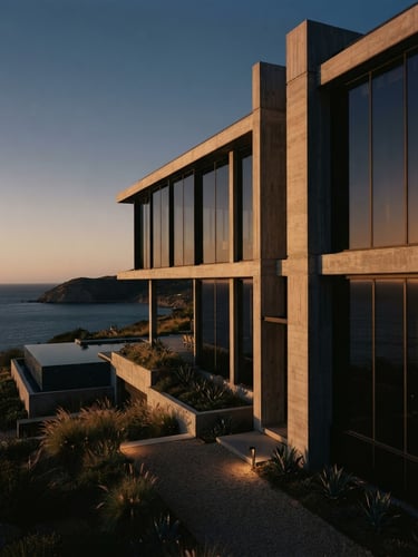 Architectural exterior of a minimalist concrete and glass luxury villa during the golden hour, deep navy reflections, sharp vertical lines, 35mm