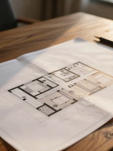 Close-up of high-quality architectural plans on a wooden table, golden hour light, elegant office setting, professional atmosphere