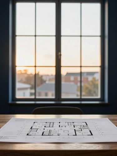Minimalist clean interior of a modern real estate office, architectural plans on an oak table, soft natural window light, elegant professional atmosphere, 35mm