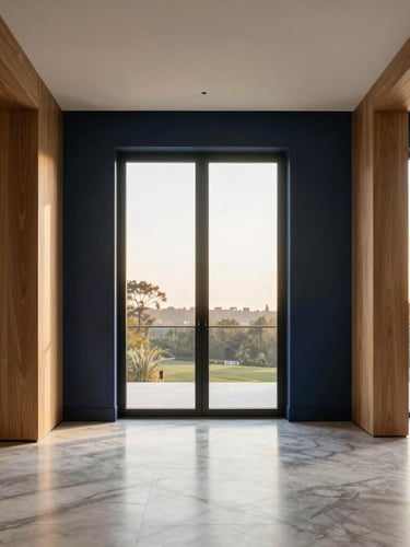 Bright minimalist interior of a high-end residential space, polished marble floors, warm oak details, diffused natural window light, sharp focus, editorial photography