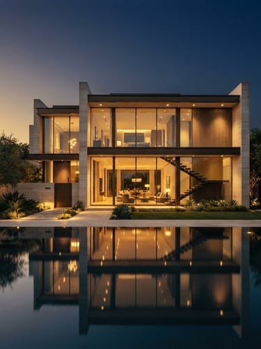 Modern luxury residence exterior at dusk, straight vertical lines, deep navy sky, soft golden hour reflections on glass and water, editorial architectural photography, 35mm