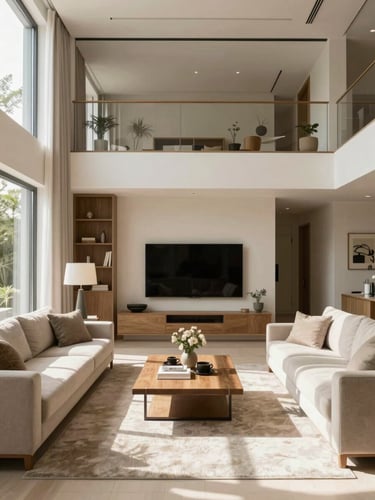Straight-on architectural photograph of a beautifully styled modern living space with warm neutral tones and bright natural daylight.