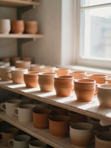 A warm, sunlit ceramics studio with shelves of hand-thrown terracotta mugs, bright morning light pouring through a window, shallow depth of field, 35mm