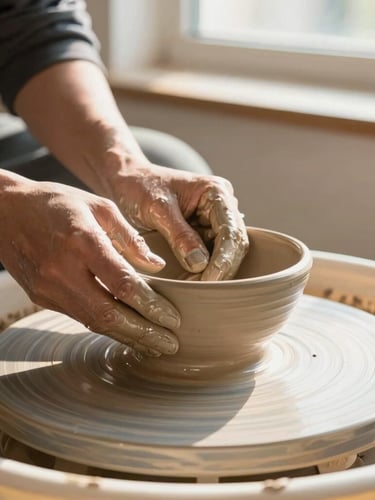 Close-up of potter's hands covered in wet terracotta clay shaping a bowl on a spinning wheel, warm morning sunlight, cozy studio background