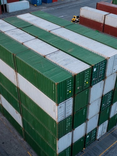 A high-altitude drone shot of a geometric container terminal at twilight, sharp clean lines of stacked forest green and white containers, diffused cool light.