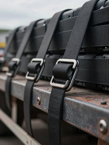 Macro detail of industrial cargo securing systems and heavy canvas straps on a flatbed trailer, diffused overcast daylight, focus on texture and tension.