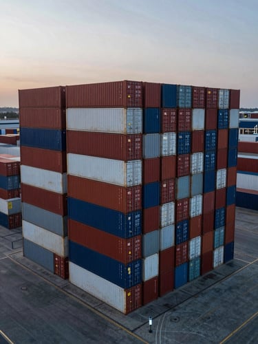 High-altitude drone shot of a geometric container terminal at twilight, clean lines of stacked shipping containers, cool overcast lighting, no text.