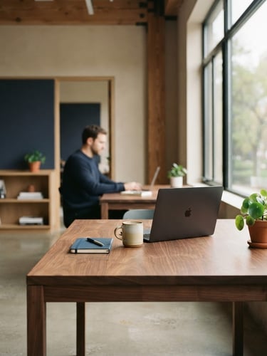 A quiet, modern architectural office space with soft natural window light, clean lines, minimalist concrete and warm wood textures, shallow depth of field