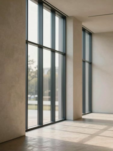 A quiet modern architectural office space with soft morning window light filtering through tall glass panels, minimalist warm beige concrete walls, clean lines, shallow depth of field.
