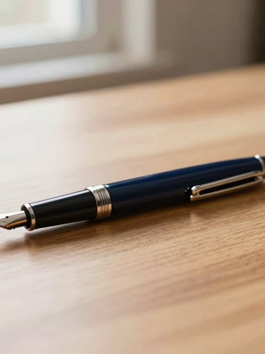 An elegant, close-up of high-end stationery and a fountain pen on a warm oak desk, soft diffused daylight, shallow depth of field, premium corporate editorial.