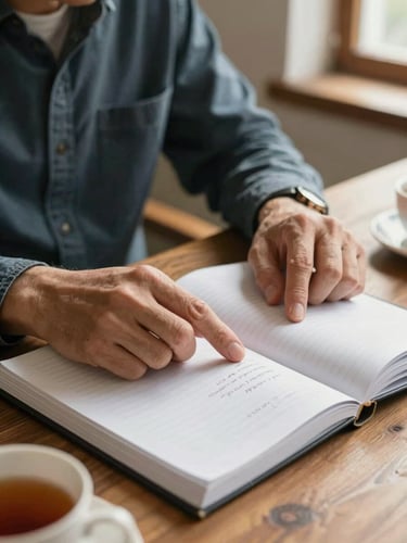 Close-up medium shot, a mentor's hands and a participant's hands resting on an open workbook on a wooden table, one hand pointing to a handwritten note, warm side-window light casting soft shadows, a cup of tea visible at the frame edge, unhurried and attentive atmosphere