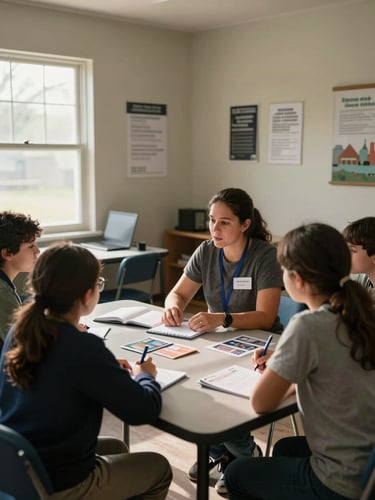 Wide environmental shot, natural window light from the left — a community outreach worker seated across a small table from a family in a modest resource center room, leaning forward in conversation, notebooks and pamphlets spread on the table, warm available light casting soft shadows, medium shot showing the whole room context