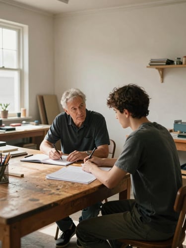 Wide environmental shot of a small workshop room, a mentor seated across from a younger adult at a worn wooden table, natural north-facing daylight falling across open notebooks and a shared document, warm available light, medium shot showing context and the space around them