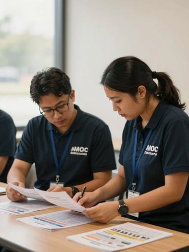 Medium shot, warm available indoor light — a volunteer and a staff member side by side at a community resource table, reviewing printed materials together, both looking down at the table in focused collaboration, a window behind them diffusing soft daylight
