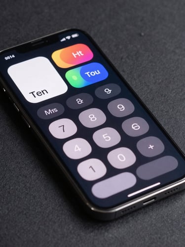 A high-fidelity portrait mockup of a Pixel phone displaying a clean, dark-mode calculator widget with adaptive Material You colors, soft studio lighting, sharp focus on tactile button edges