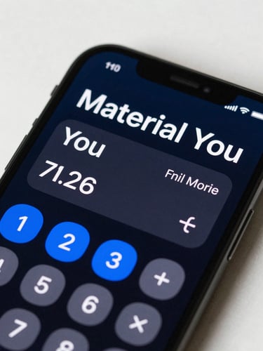 Macro close-up of a modern Pixel smartphone screen under soft, natural studio light, showing a clean dark-mode calculator widget with organic Material You rounded corners, vibrant blue accents, and crisp typography.