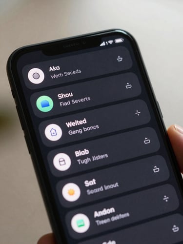 Close-up of a modern Android screen showing a custom quick settings tile menu with active utility toggles, soft natural lighting, dark-mode aesthetic