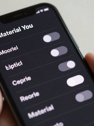 Macro close-up of a Pixel phone displaying a clean, dark-mode Material You system settings interface with fluid rounded toggles, soft natural studio lighting
