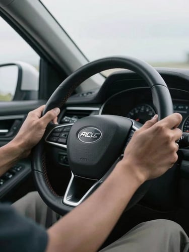 Candid eye-level medium shot of hands on a steering wheel in soft overcast daylight, clean dashboard details visible, high-trust editorial feel