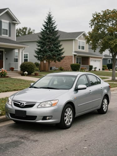 Candid eye-level shot of an everyday sedan parked in a quiet suburban residential driveway under soft overcast daylight, clean and realistic.