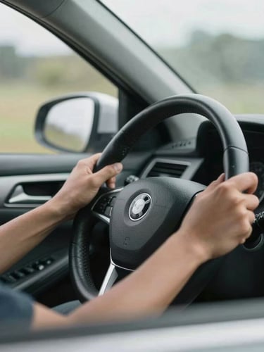Close-up of a driver's hands resting on a clean steering wheel of an everyday sedan, soft overcast morning daylight filtering through the windshield, realistic and candid perspective.