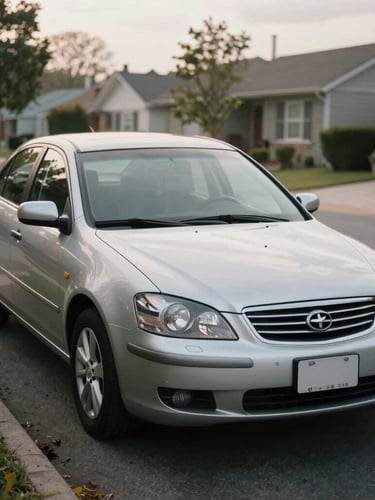 An honest, unglamorous eye-level medium shot of a silver sedan parked in a quiet residential driveway on an overcast morning, soft daylight reflecting off the hood.