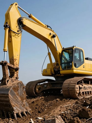 Low-angle dramatic shot of a massive yellow excavator digging deep dark soil, harsh midday sun casting sharp shadows, high-contrast industrial construction photography, 35mm