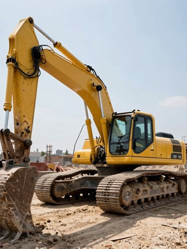 Low-angle dramatic shot of a yellow excavator working on a dusty construction site in Yalova, harsh direct sunlight, high-contrast industrial photography, 35mm