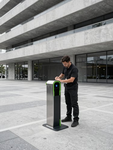 Low-angle architectural shot of a technician servicing a clean metallic smart bike dock in a modern plaza.
