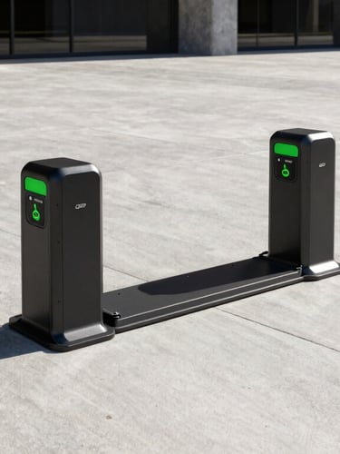 Sleek, heavy-duty Bikeep smart docks installed in a clean urban concrete plaza. Sharp, high-contrast daylight highlights the metallic textures of the locking mechanisms. Low-angle architectural perspective, 24mm wide-angle, no people.