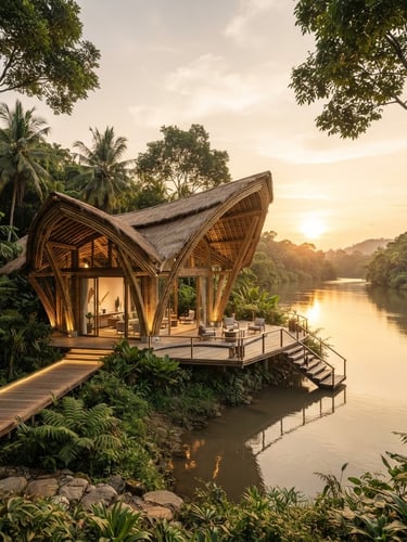 Wide environmental shot of a modern architectural bamboo pavilion at golden hour, surrounded by lush green foliage and a quiet river bank, crisp corporate photography style